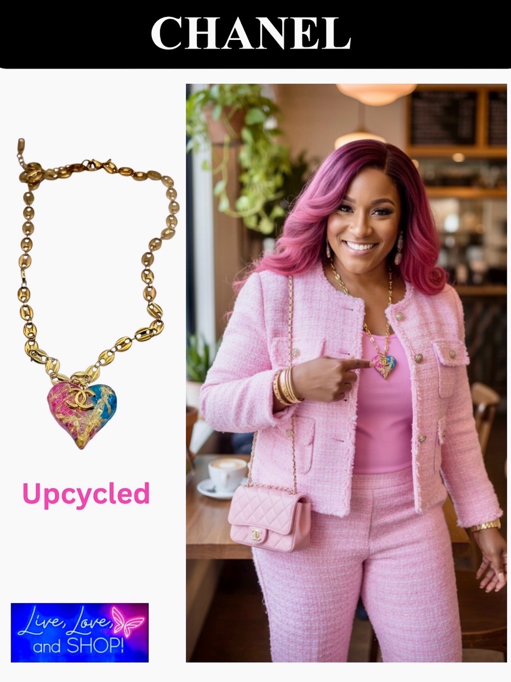 CHANEL Pink, Blue, & Gold Heart Pendant w/Golden CC Monogram & Chain, EUC